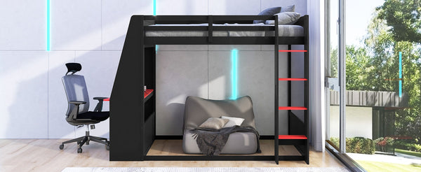 English Elm Full Size Gaming Bunk Bed with Built-In Desk LED Lighting and USB Charging Port Black - A N7090002228J-1