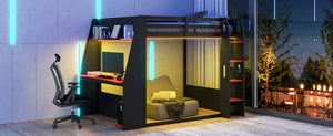 English Elm Full Size Gaming Bunk Bed with Built-In Desk LED Lighting and USB Charging Port Black - A N7090002228J-1