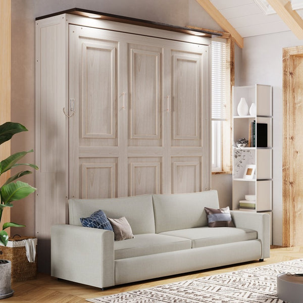 English Elm Queen Murphy Wall Bed with Linen Sofa Led Lighting Pine Frame Guest Room N7090002230A-1