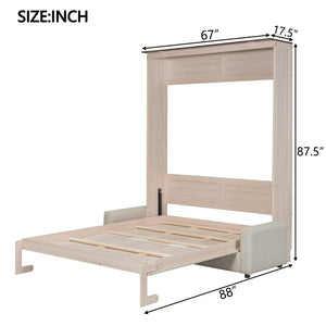English Elm Queen Murphy Wall Bed with Linen Sofa Led Lighting Pine Frame Guest Room N7090002230A-1