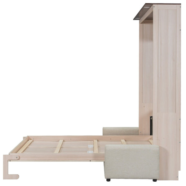 English Elm Queen Murphy Wall Bed with Linen Sofa Led Lighting Pine Frame Guest Room N7090002230A-1
