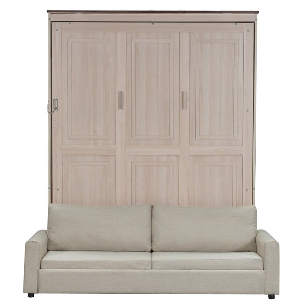English Elm Queen Murphy Wall Bed with Linen Sofa Led Lighting Pine Frame Guest Room N7090002230A-1