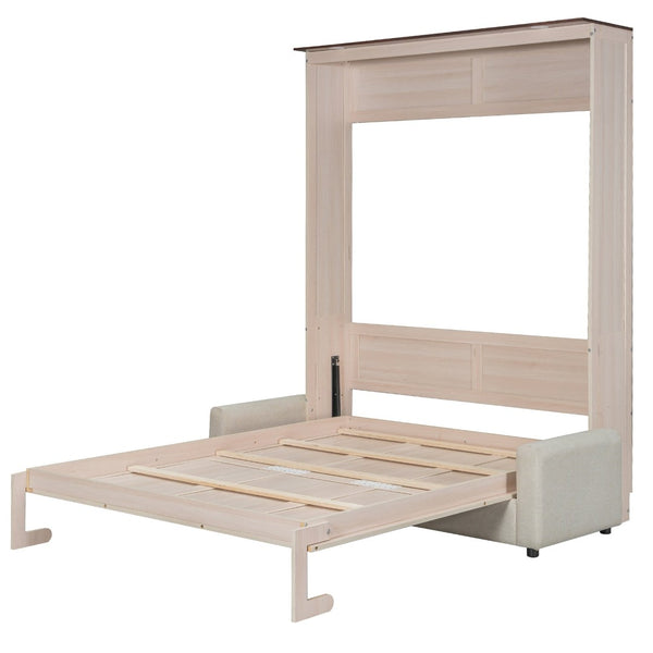 English Elm Queen Murphy Wall Bed with Linen Sofa Led Lighting Pine Frame Guest Room N7090002230A-1