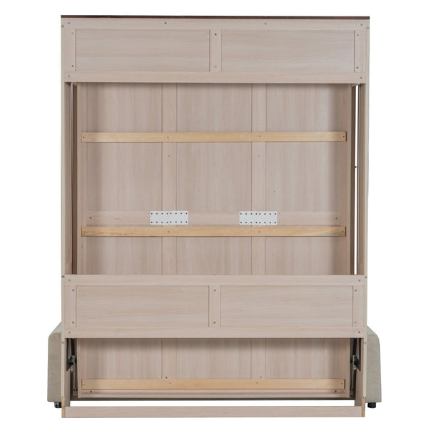 English Elm Queen Murphy Wall Bed with Linen Sofa Led Lighting Pine Frame Guest Room N7090002230A-1