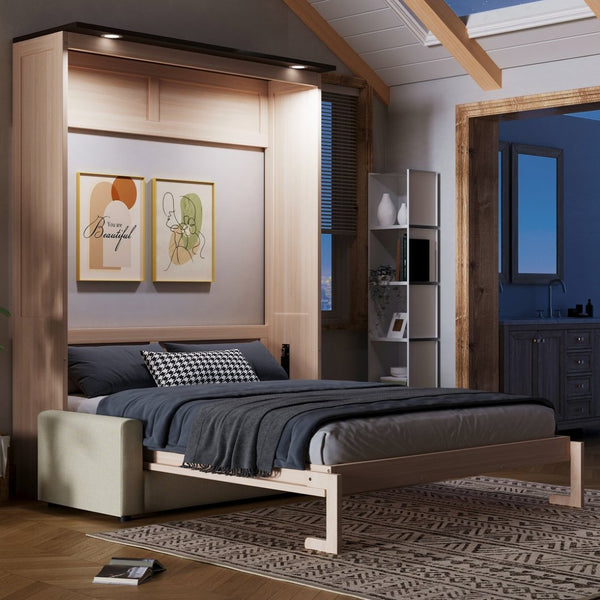English Elm Queen Murphy Wall Bed with Linen Sofa Led Lighting Pine Frame Guest Room N7090002230A-1