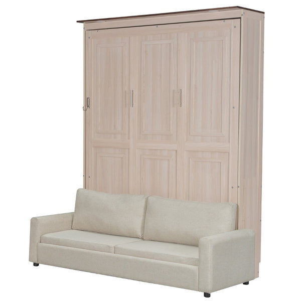 English Elm Queen Murphy Wall Bed with Linen Sofa Led Lighting Pine Frame Guest Room N7090002230A-1