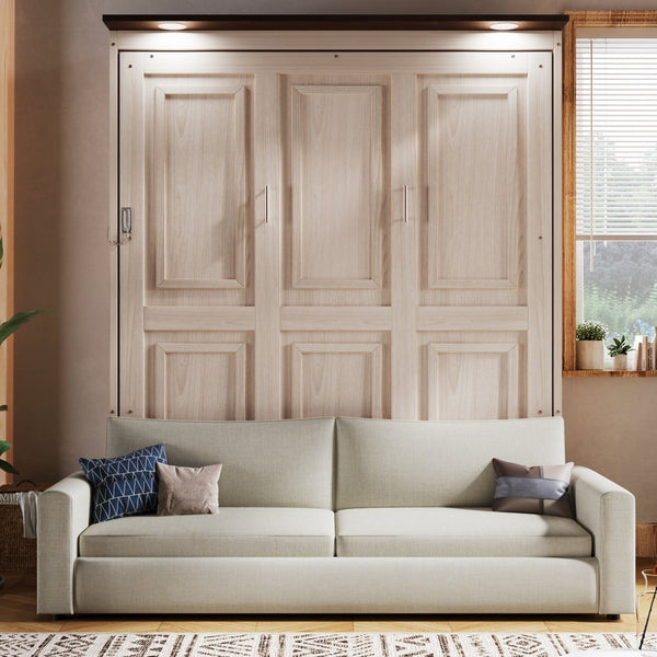 English Elm Queen Murphy Wall Bed with Linen Sofa Led Lighting Pine Frame Guest Room N7090002230A-1