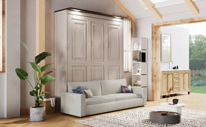 English Elm Queen Murphy Wall Bed with Linen Sofa Led Lighting Pine Frame Guest Room N7090002230A-1