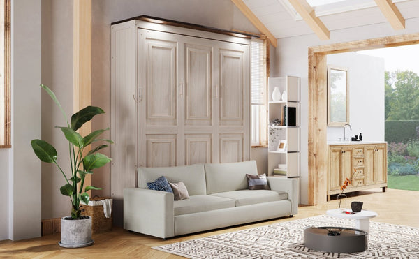 English Elm Queen Murphy Wall Bed with Linen Sofa Led Lighting Pine Frame Guest Room N7090002230A-1