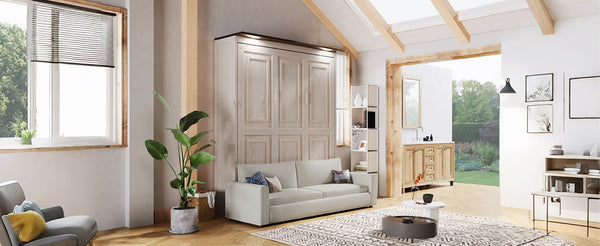 English Elm Queen Murphy Wall Bed with Linen Sofa Led Lighting Pine Frame Guest Room N7090002230A-1