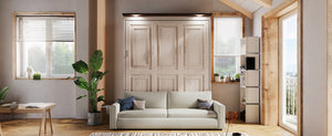 English Elm Queen Murphy Wall Bed with Linen Sofa Led Lighting Pine Frame Guest Room N7090002230A-1