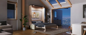 English Elm Queen Murphy Wall Bed with Linen Sofa Led Lighting Pine Frame Guest Room N7090002230A-1