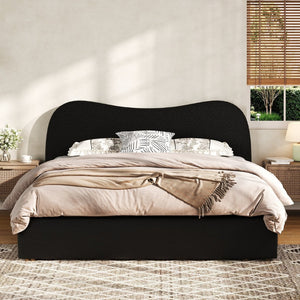English Elm Queen Boucle Upholstered Platform Bed Curved Headboard Scandinavian Minimalist Frame Black N7090002247B