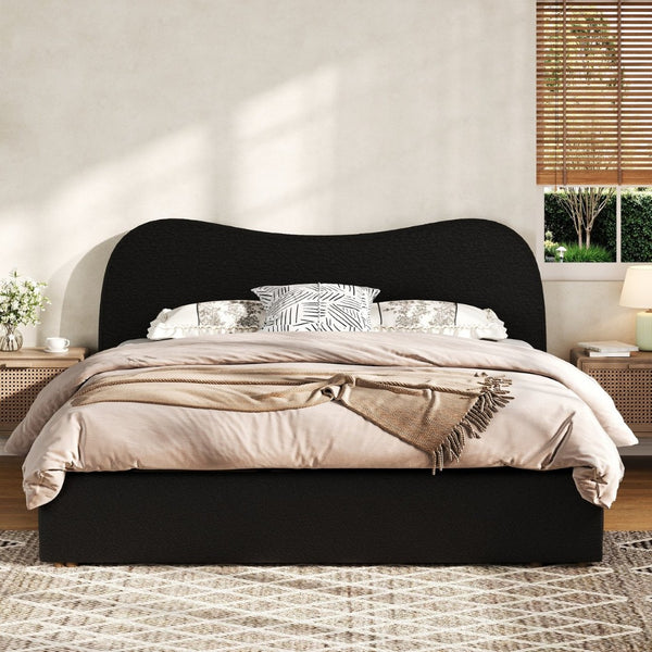 English Elm Queen Boucle Upholstered Platform Bed Curved Headboard Scandinavian Minimalist Frame Black N7090002247B