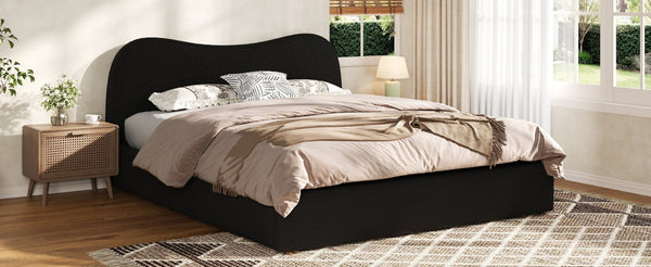 English Elm Queen Boucle Upholstered Platform Bed Curved Headboard Scandinavian Minimalist Frame Black N7090002247B