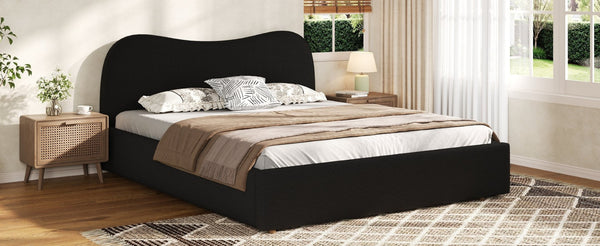 English Elm Queen Boucle Upholstered Platform Bed Curved Headboard Scandinavian Minimalist Frame Black N7090002247B