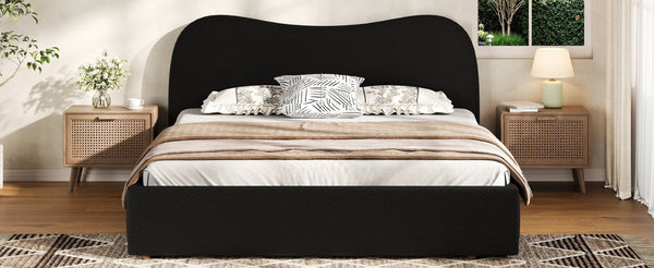 English Elm Queen Boucle Upholstered Platform Bed Curved Headboard Scandinavian Minimalist Frame Black N7090002247B