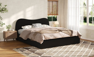 English Elm Queen Boucle Upholstered Platform Bed Curved Headboard Scandinavian Minimalist Frame Black N7090002247B