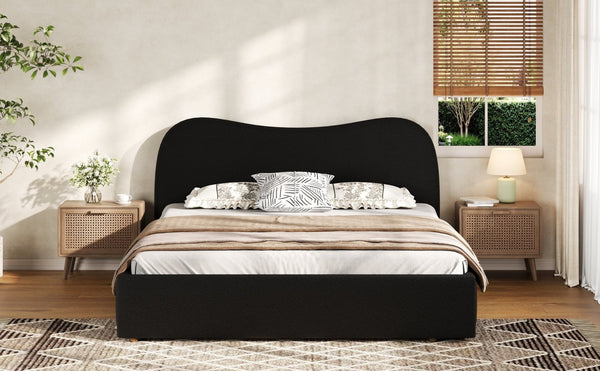 English Elm Queen Boucle Upholstered Platform Bed Curved Headboard Scandinavian Minimalist Frame Black N7090002247B