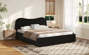 English Elm Queen Boucle Upholstered Platform Bed Curved Headboard Scandinavian Minimalist Frame Black N7090002247B