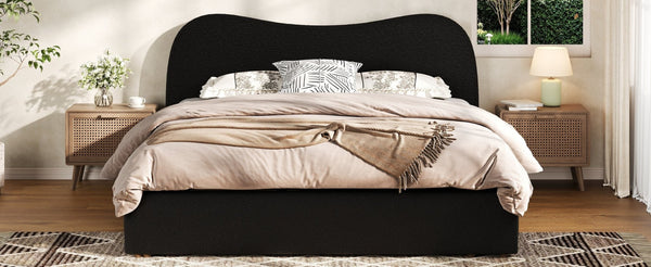 English Elm Queen Boucle Upholstered Platform Bed Curved Headboard Scandinavian Minimalist Frame Black N7090002247B