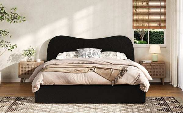 English Elm Queen Boucle Upholstered Platform Bed Curved Headboard Scandinavian Minimalist Frame Black N7090002247B