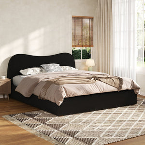 English Elm Queen Boucle Upholstered Platform Bed Curved Headboard Scandinavian Minimalist Frame Black N7090002247B