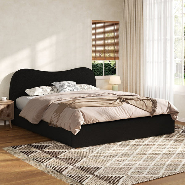 English Elm Queen Boucle Upholstered Platform Bed Curved Headboard Scandinavian Minimalist Frame Black N7090002247B