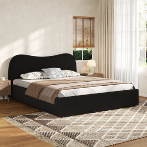 English Elm Queen Boucle Upholstered Platform Bed Curved Headboard Scandinavian Minimalist Frame Black N7090002247B