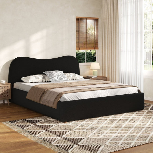English Elm Queen Boucle Upholstered Platform Bed Curved Headboard Scandinavian Minimalist Frame Black N7090002247B