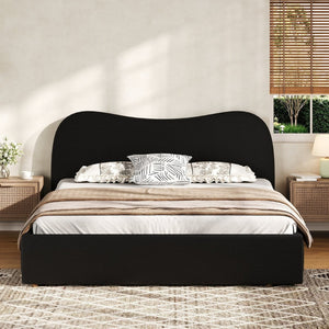 English Elm Queen Boucle Upholstered Platform Bed Curved Headboard Scandinavian Minimalist Frame Black N7090002247B