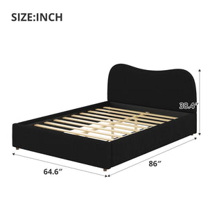 English Elm Queen Boucle Upholstered Platform Bed Curved Headboard Scandinavian Minimalist Frame Black N7090002247B