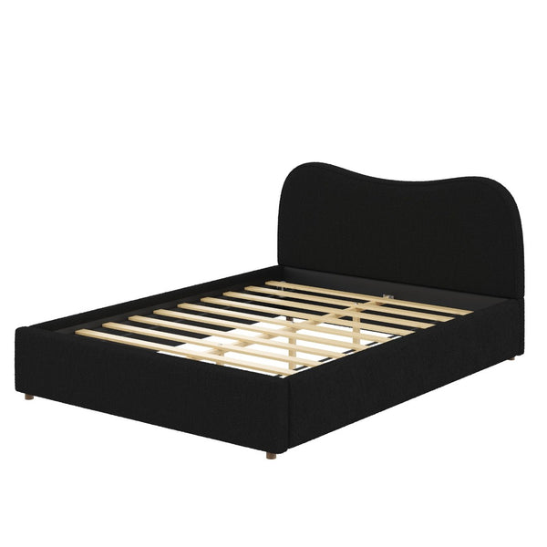 English Elm Queen Boucle Upholstered Platform Bed Curved Headboard Scandinavian Minimalist Frame Black N7090002247B
