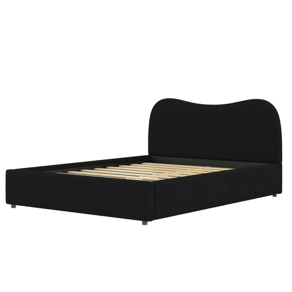 English Elm Queen Boucle Upholstered Platform Bed Curved Headboard Scandinavian Minimalist Frame Black N7090002247B