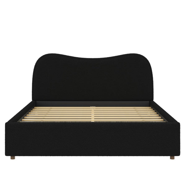 English Elm Queen Boucle Upholstered Platform Bed Curved Headboard Scandinavian Minimalist Frame Black N7090002247B