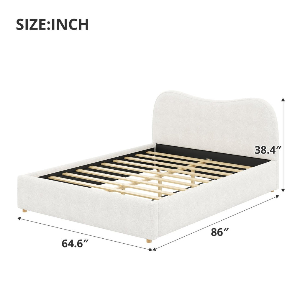 English Elm Queen Boucle Upholstered Platform Bed Curved Headboard Scandinavian Minimalist Frame White N7090002247K
