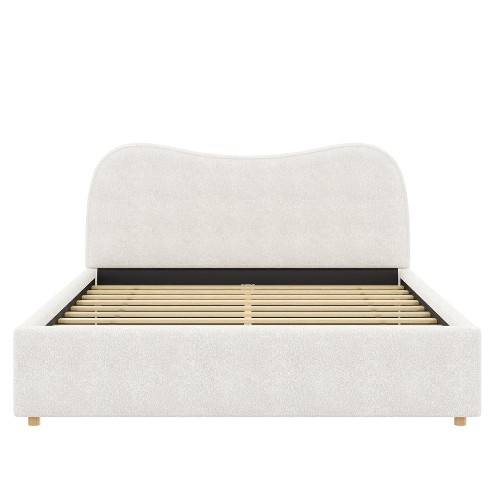 English Elm Queen Boucle Upholstered Platform Bed Curved Headboard Scandinavian Minimalist Frame White N7090002247K