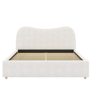 English Elm Queen Boucle Upholstered Platform Bed Curved Headboard Scandinavian Minimalist Frame White N7090002247K