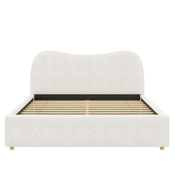 English Elm Queen Boucle Upholstered Platform Bed Curved Headboard Scandinavian Minimalist Frame White N7090002247K