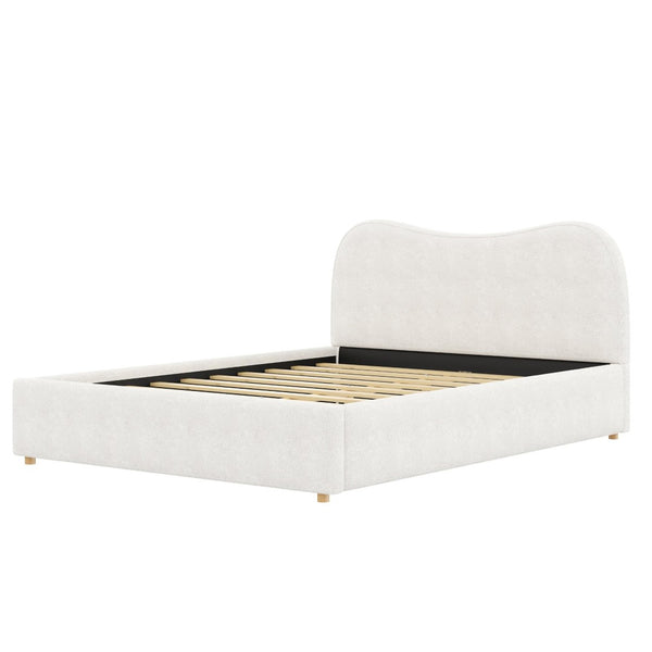English Elm Queen Boucle Upholstered Platform Bed Curved Headboard Scandinavian Minimalist Frame White N7090002247K