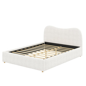 English Elm Queen Boucle Upholstered Platform Bed Curved Headboard Scandinavian Minimalist Frame White N7090002247K