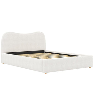 English Elm Queen Boucle Upholstered Platform Bed Curved Headboard Scandinavian Minimalist Frame White N7090002247K