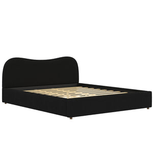 English Elm King Boucle Upholstered Platform Bed Curved Headboard Low Profile Scandinavian Frame Black N7090002248B