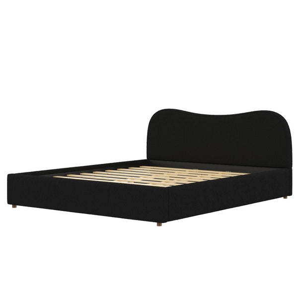 English Elm King Boucle Upholstered Platform Bed Curved Headboard Low Profile Scandinavian Frame Black N7090002248B