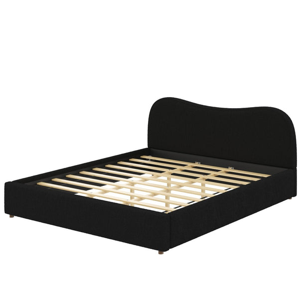 English Elm King Boucle Upholstered Platform Bed Curved Headboard Low Profile Scandinavian Frame Black N7090002248B
