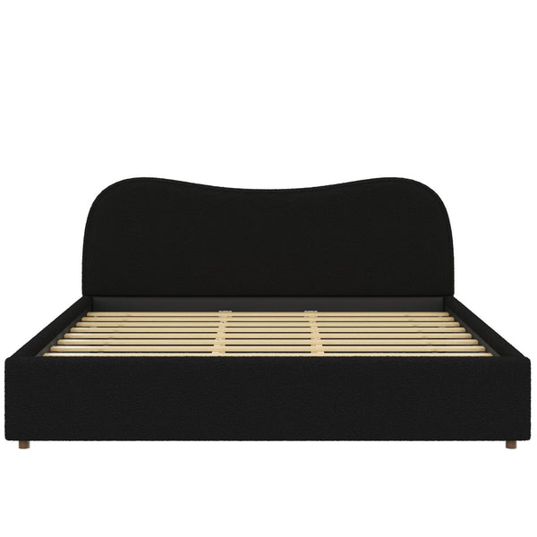 English Elm King Boucle Upholstered Platform Bed Curved Headboard Low Profile Scandinavian Frame Black N7090002248B