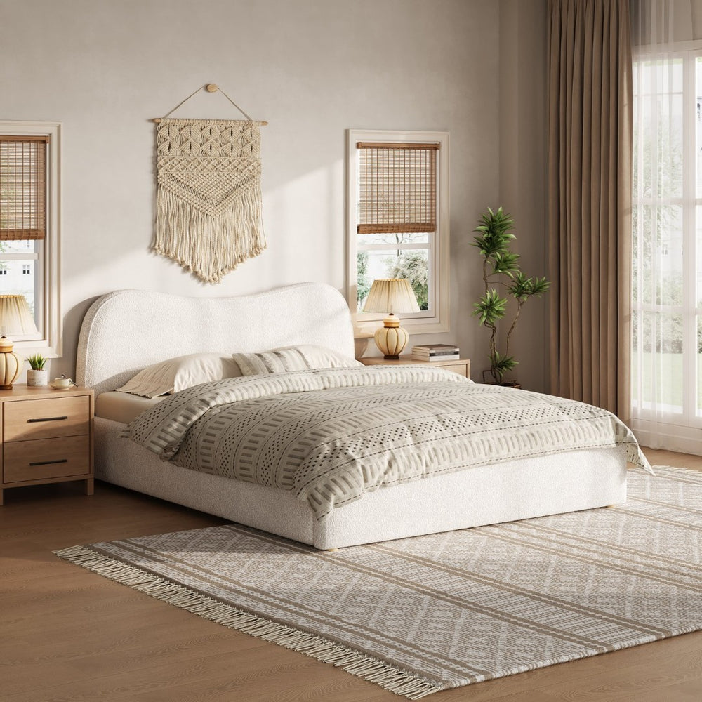 English Elm King Boucle Upholstered Platform Bed Curved Headboard Low Profile Scandinavian Frame White N7090002248K