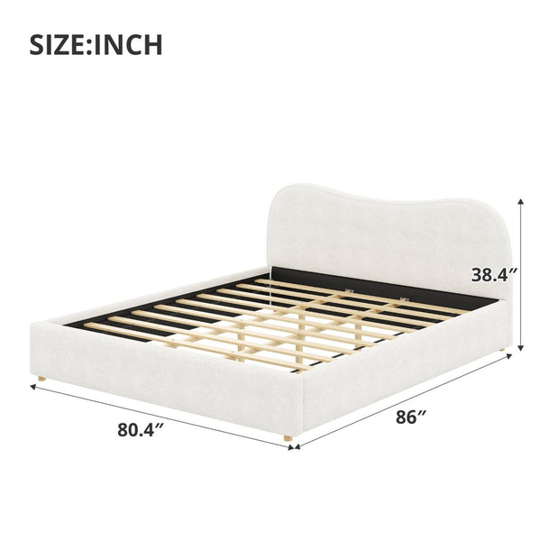 English Elm King Boucle Upholstered Platform Bed Curved Headboard Low Profile Scandinavian Frame White N7090002248K