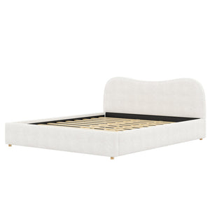 English Elm King Boucle Upholstered Platform Bed Curved Headboard Low Profile Scandinavian Frame White N7090002248K