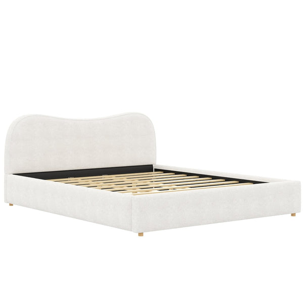 English Elm King Boucle Upholstered Platform Bed Curved Headboard Low Profile Scandinavian Frame White N7090002248K